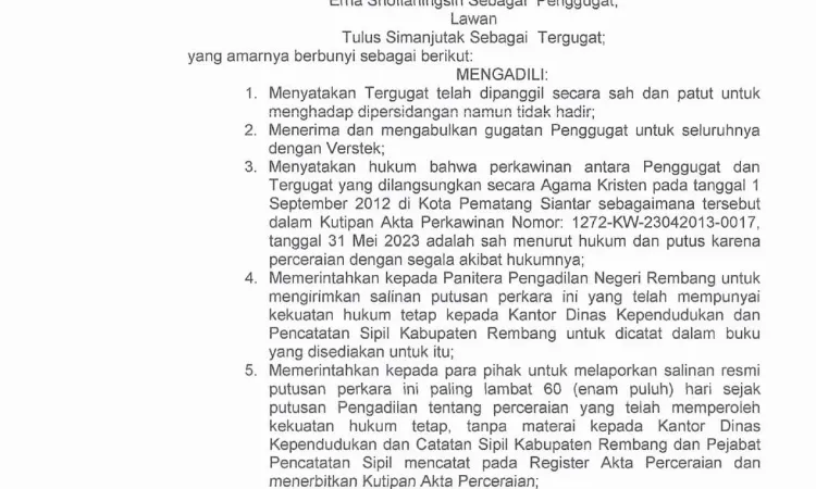 Relaas Pemberitahuan Umum Putusan Verstek kepada Tergugat pada Perkara Perdata Nomor 10/Pdt.G/2024/PN Rbg a.n Tulus Simanjuntak