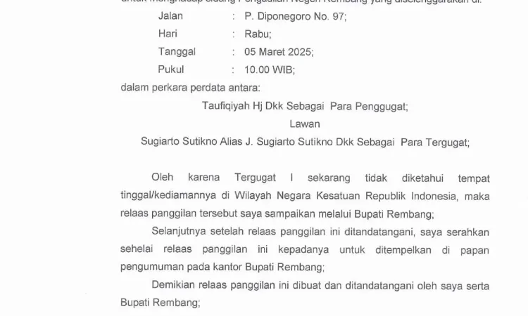 Relaas Panggilan Umum kepada Tergugat I tanggal 05 Februari 2025 pada Perkara Perdata Nomor 3/Pdt.G/2025/PN Rbg a.n. Sugiarto Sutikno alias J.Sugiarto Sutikno