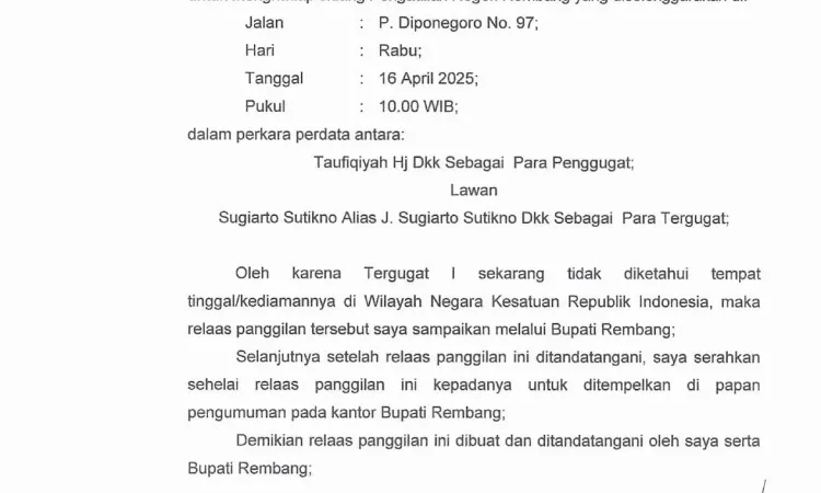 Relaas Panggilan Umum kepada Tergugat I tanggal 05 Maret 2025 pada Perkara Perdata Nomor 3/Pdt.G/2025/PN Rbg a.n. Sugiarto Sutikno alias J.Sugiarto Sutikno